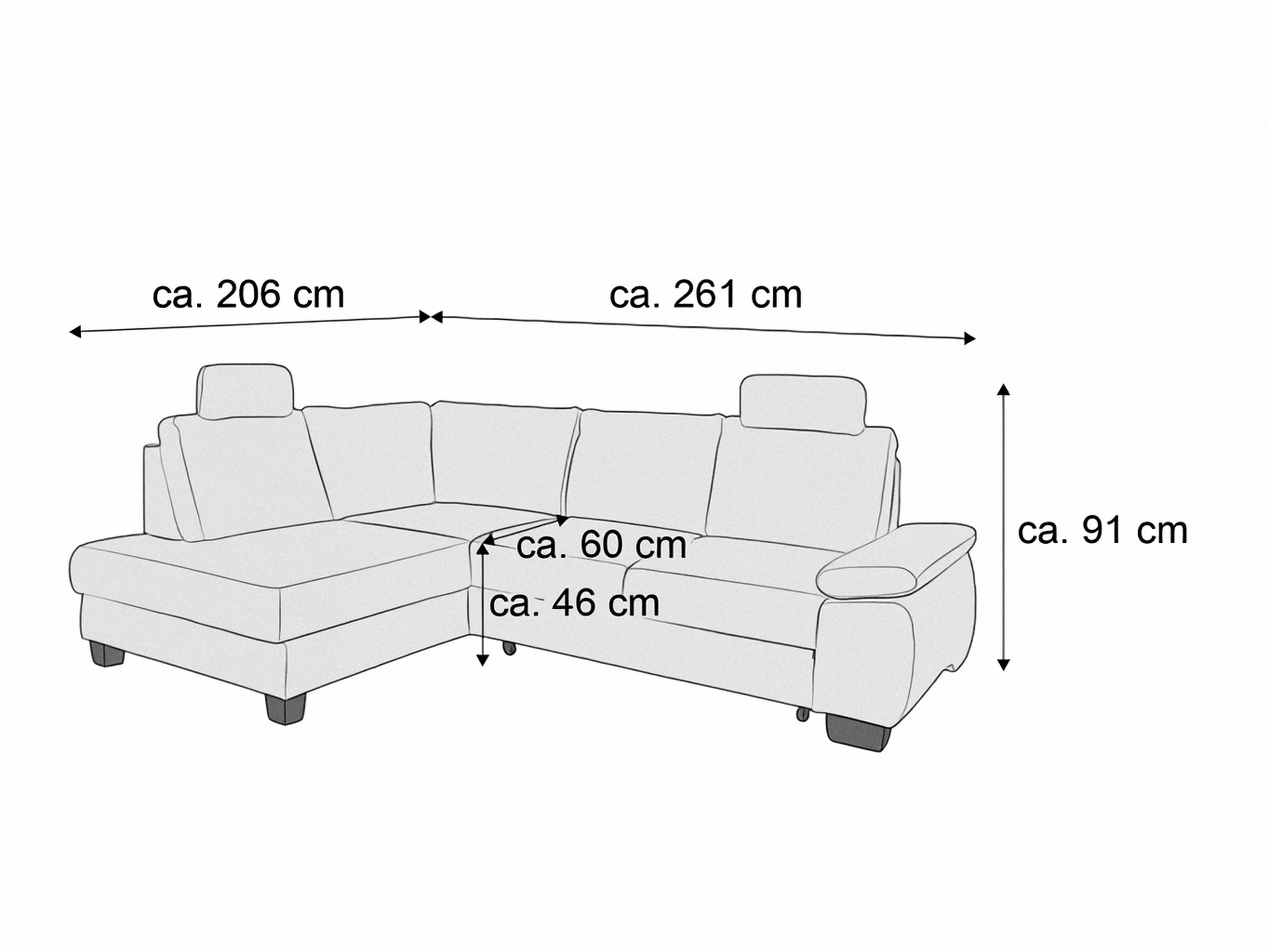 Ecksofa mit gepolstertem Stoffbezug, hoher Rückenlehne, Armlehne rechts und markanten Kopfstützen