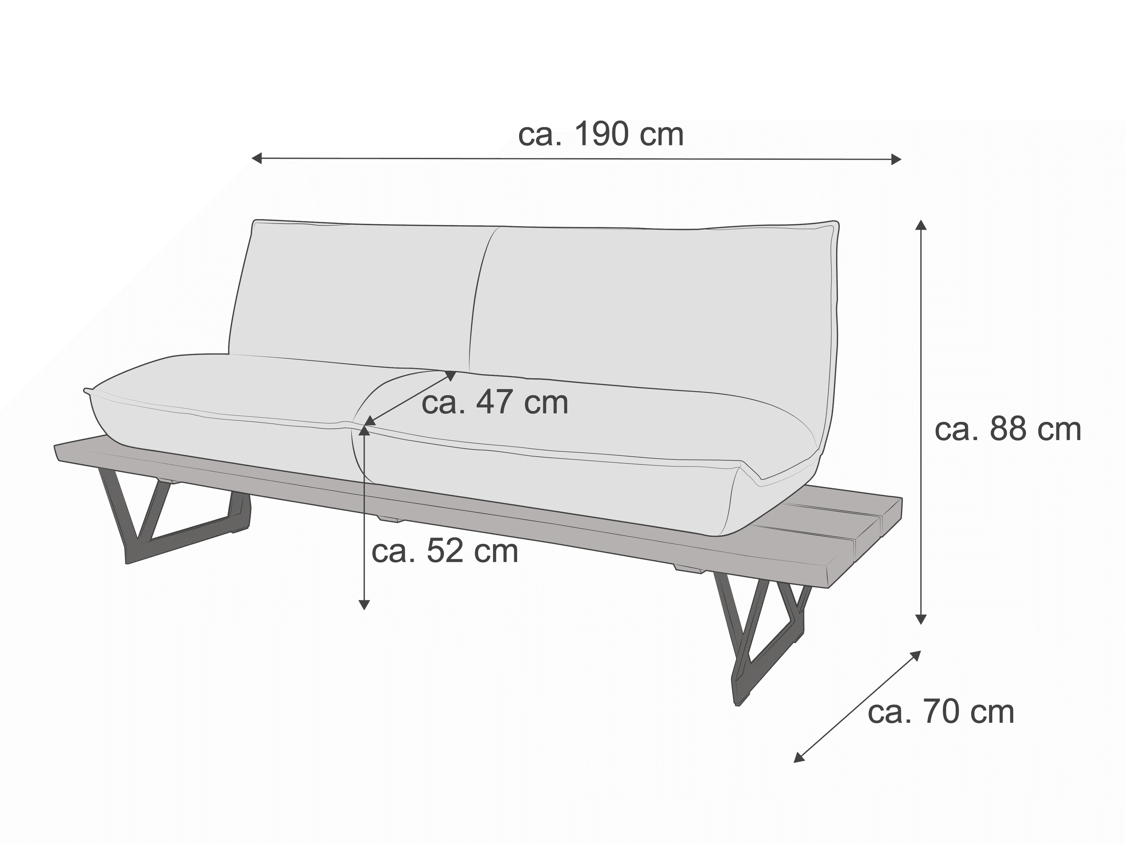 2-Sitzer Sofa mit gepolsterter Rückenlehne, sichtbarem Metallgestell und rechteckiger Sitzfläche