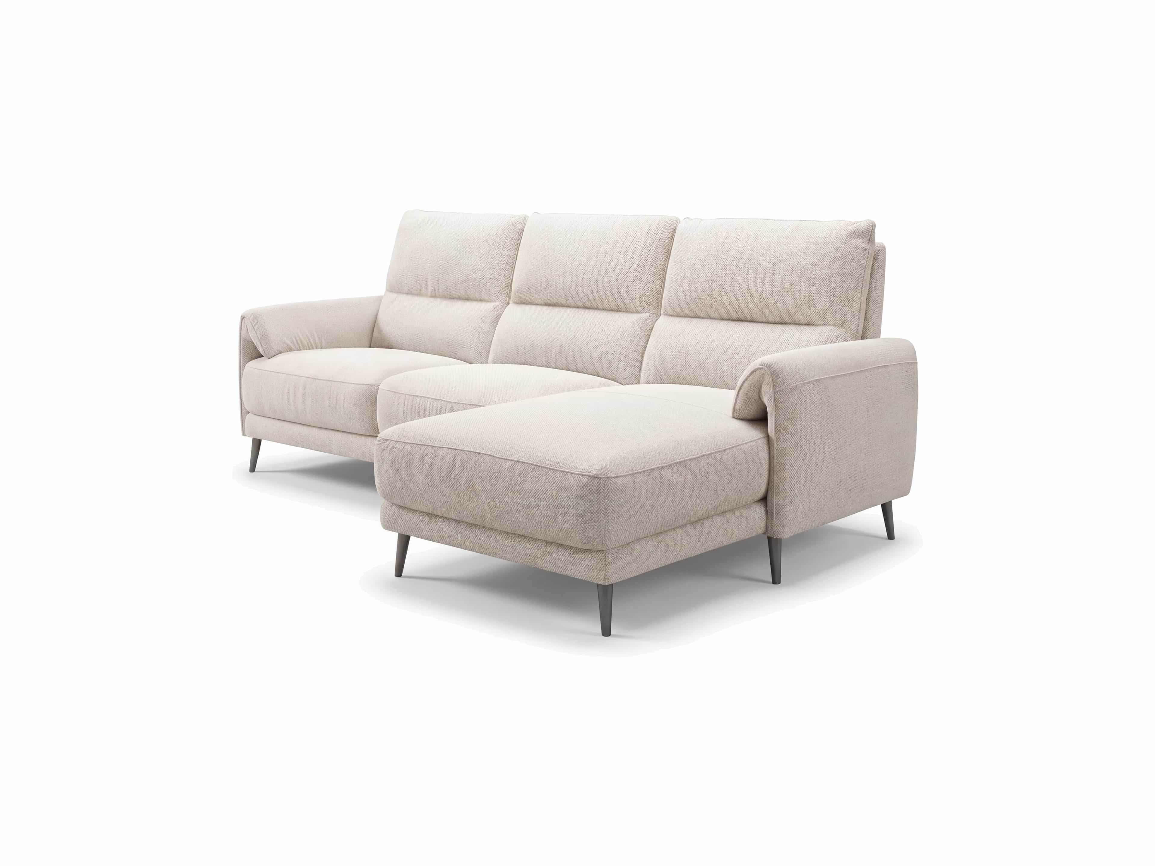 Ecksofa Kabs mit beigefarbenem Stoffbezug, breiten Armlehnen und schmalen schwarzen Füßen