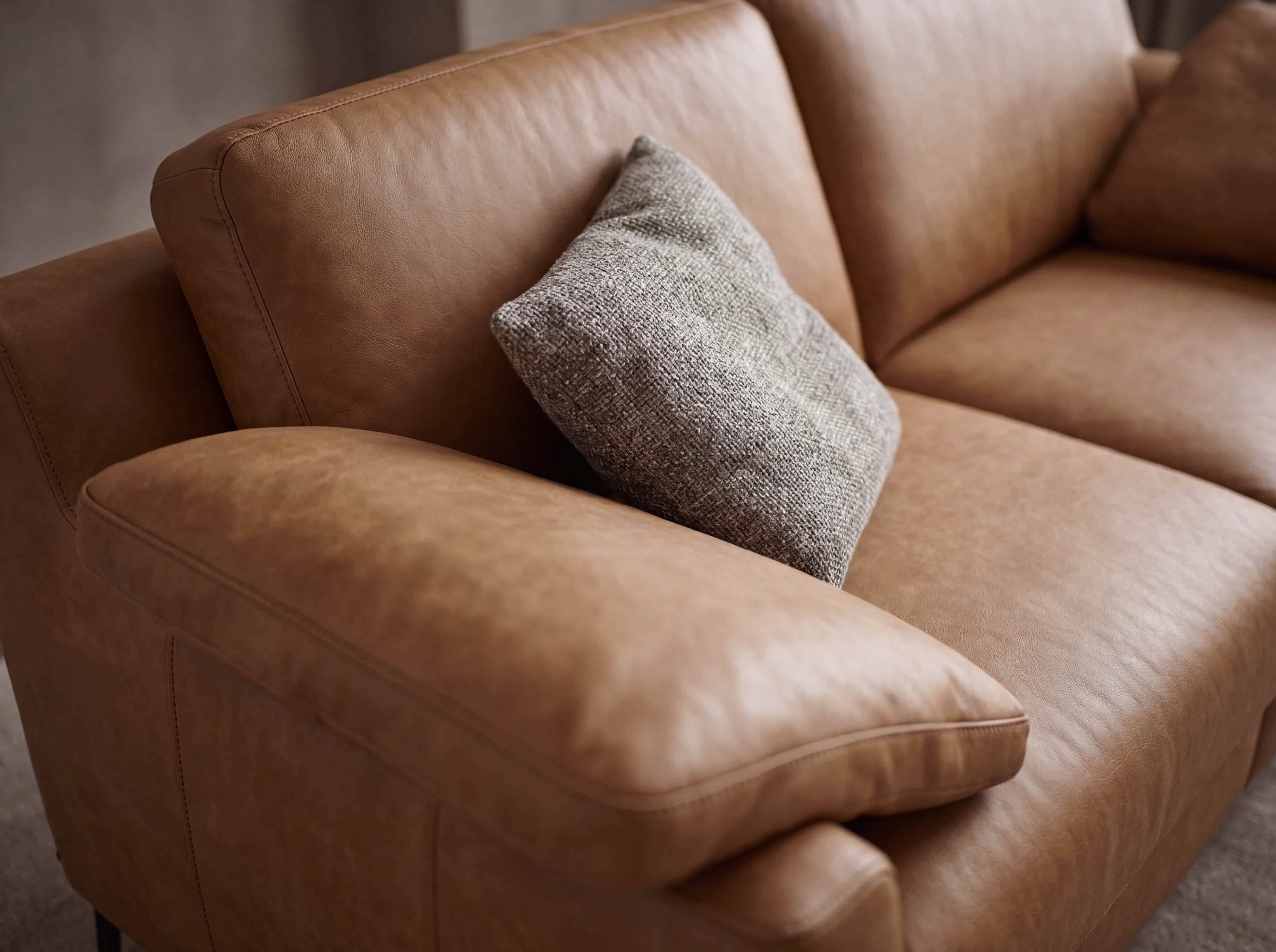 3-Sitzer-Sofa Kabs mit Armlehnen, braunem Lederbezug und grauem Kissen auf Sitzfläche