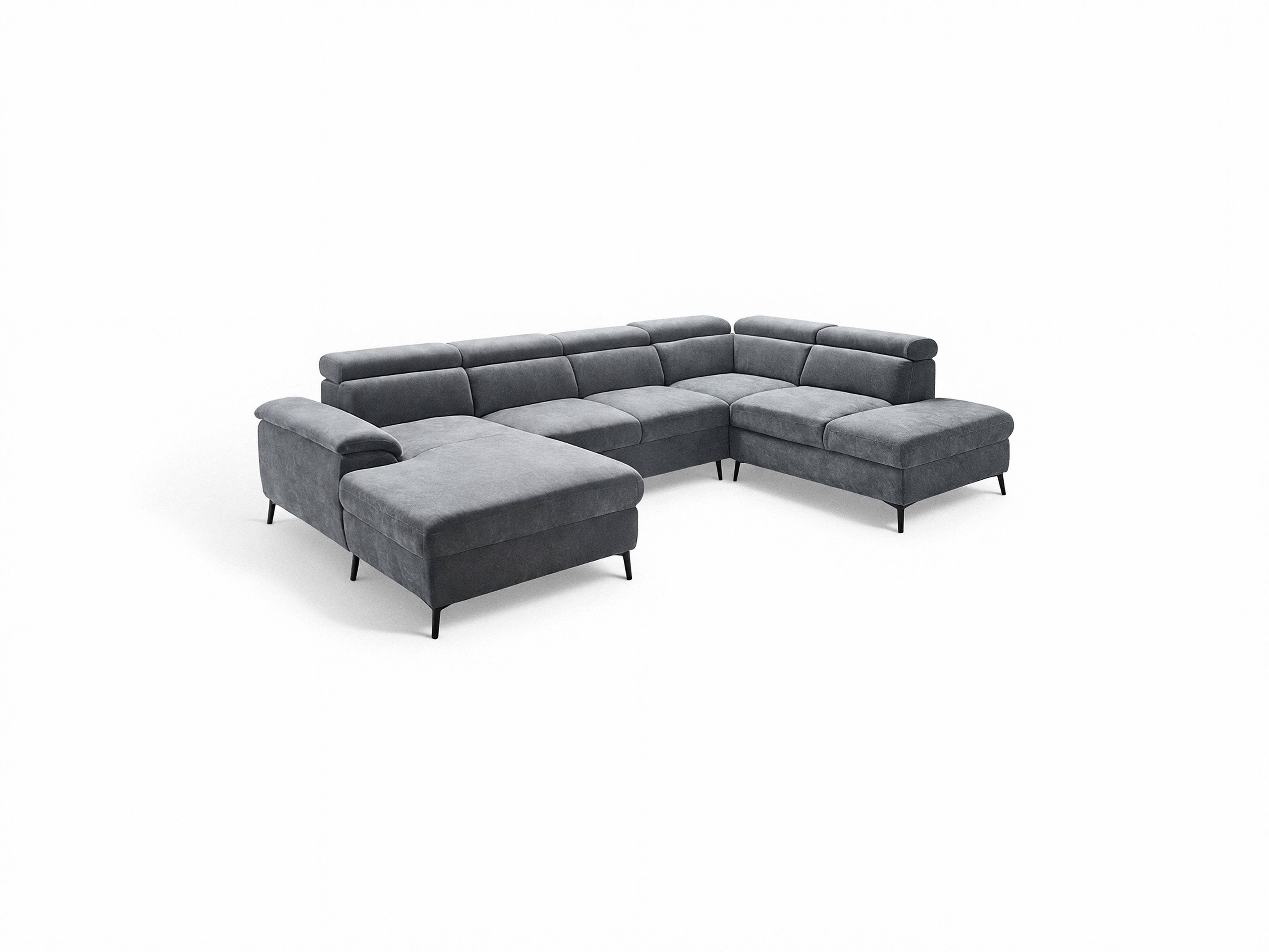 Ecksofa Couch Nardo mit grauem Stoffbezug, gepolsterte Rückenlehnen, verstellbare Kopfteile, schwarze Füße