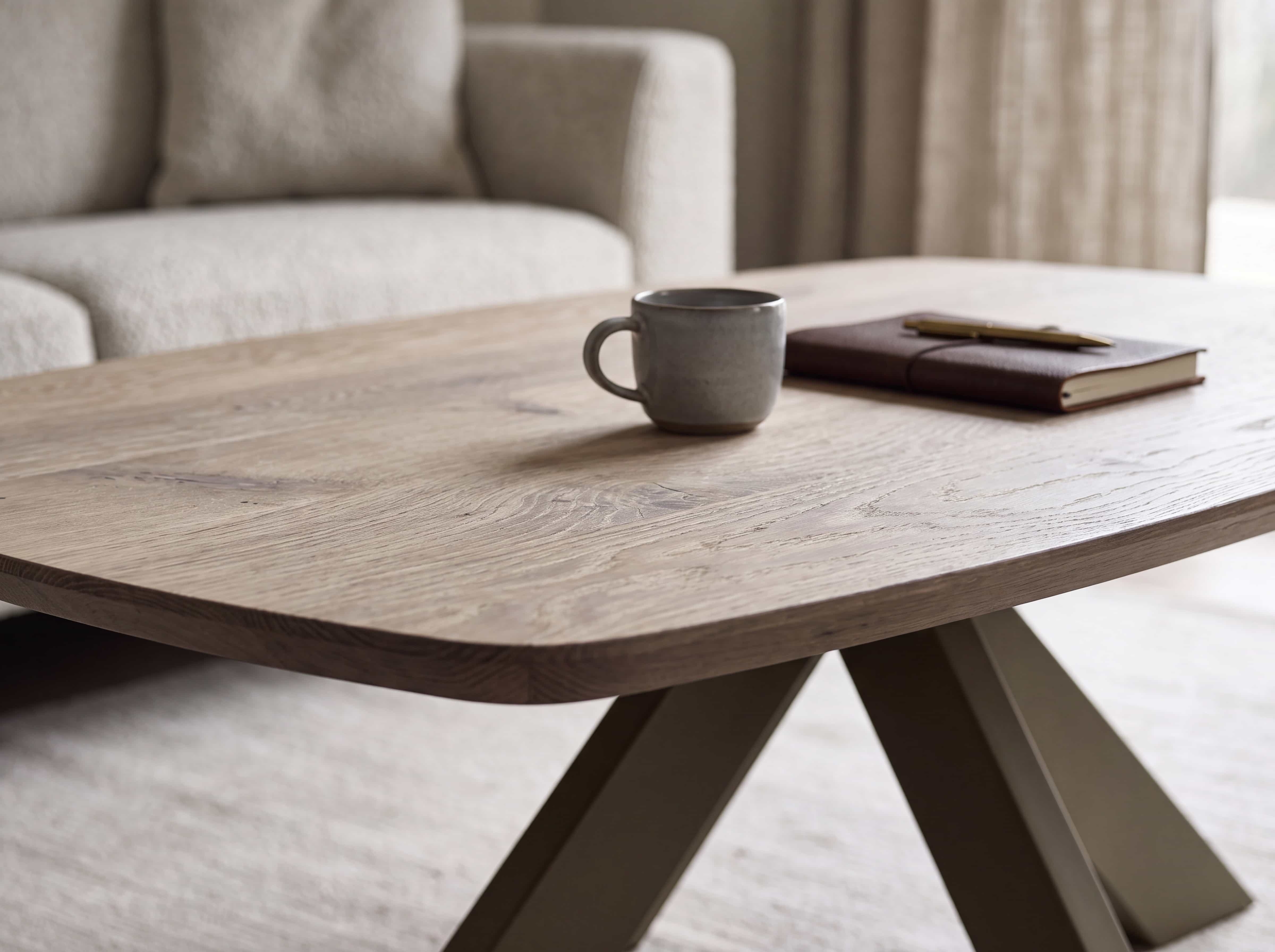 Couchtisch Syrma – helle Holzoptik mit schrägem Untergestell und abgerundeter Tischplattkante
