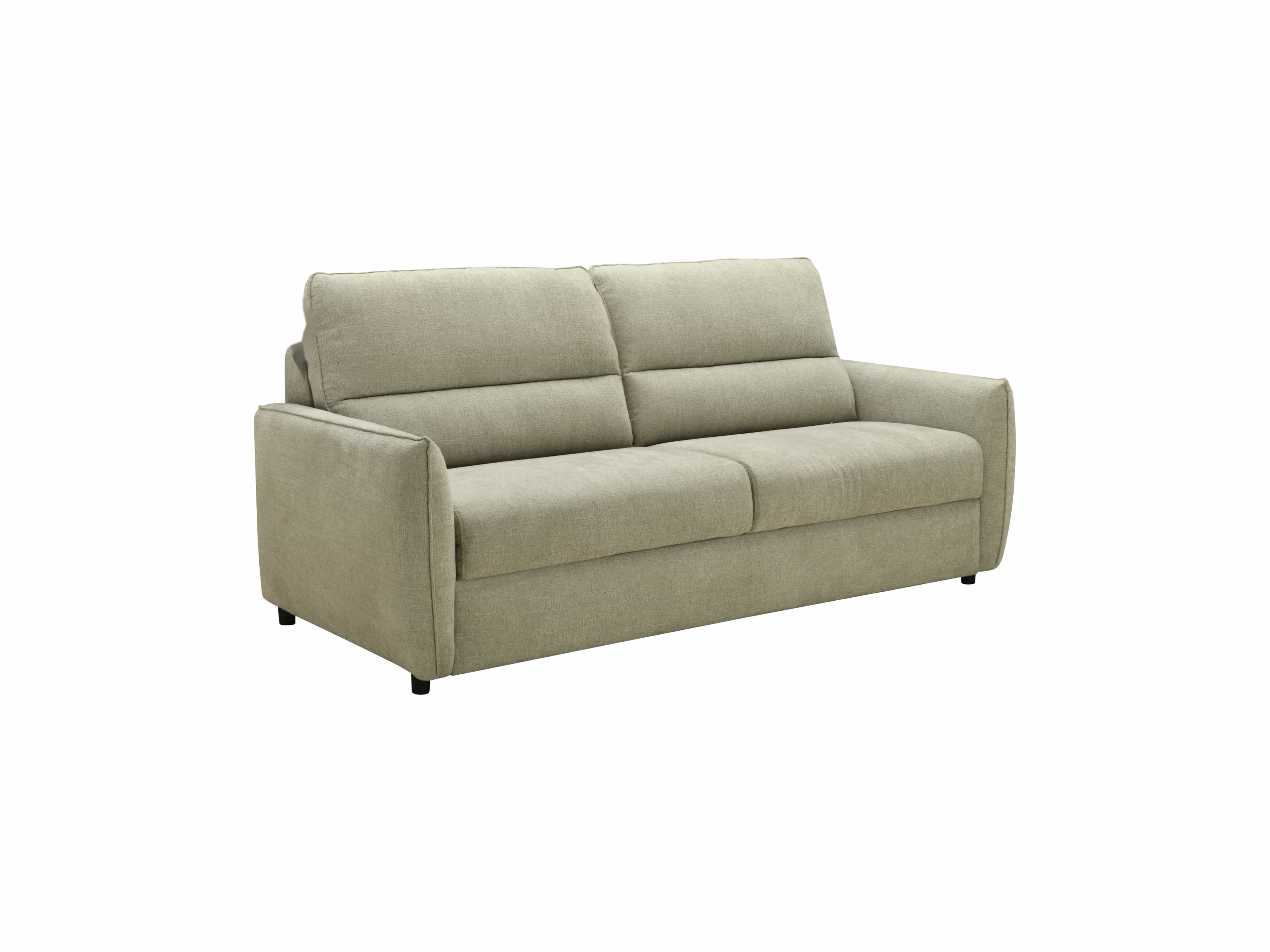 Sofa – hellgrüner Bezug, gerade Form, gepolsterte Rückenlehne, niedrige Armlehnen, schwarze Füße