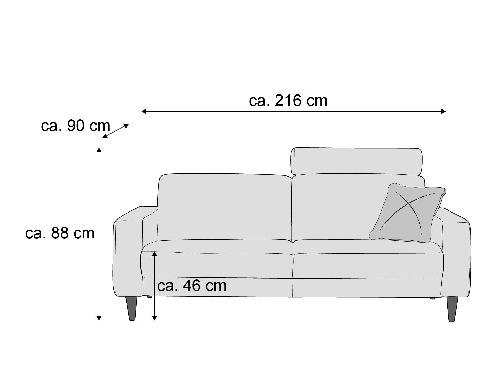 2-Sitzer Sofa mit Kopfstütze, breiten Armlehnen, Kissendetail und vier schmalen Füßen, Frontansicht