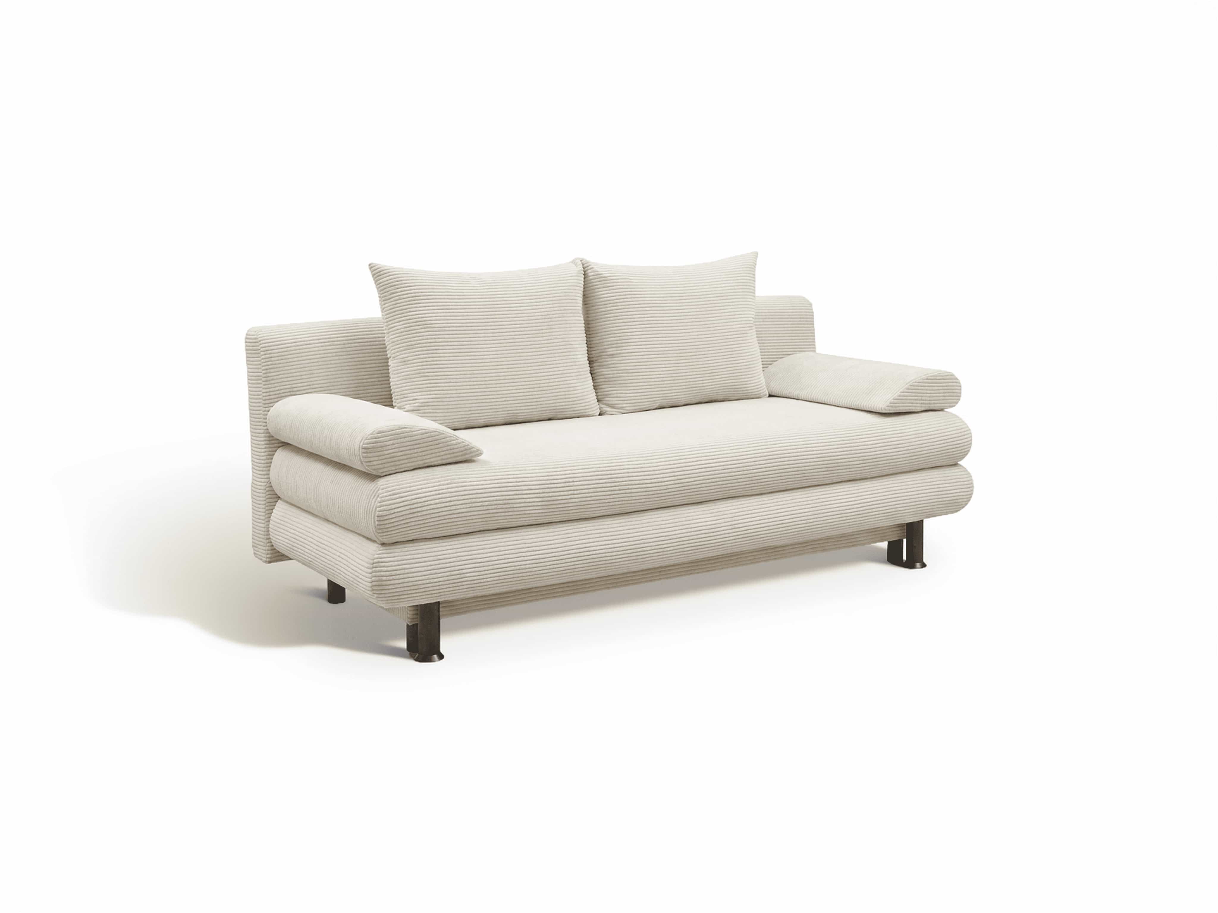 2-Sitzer Sofa Modell mit hellem, geripptem Stoffbezug, zwei Rückenkissen und dunklen Füßen