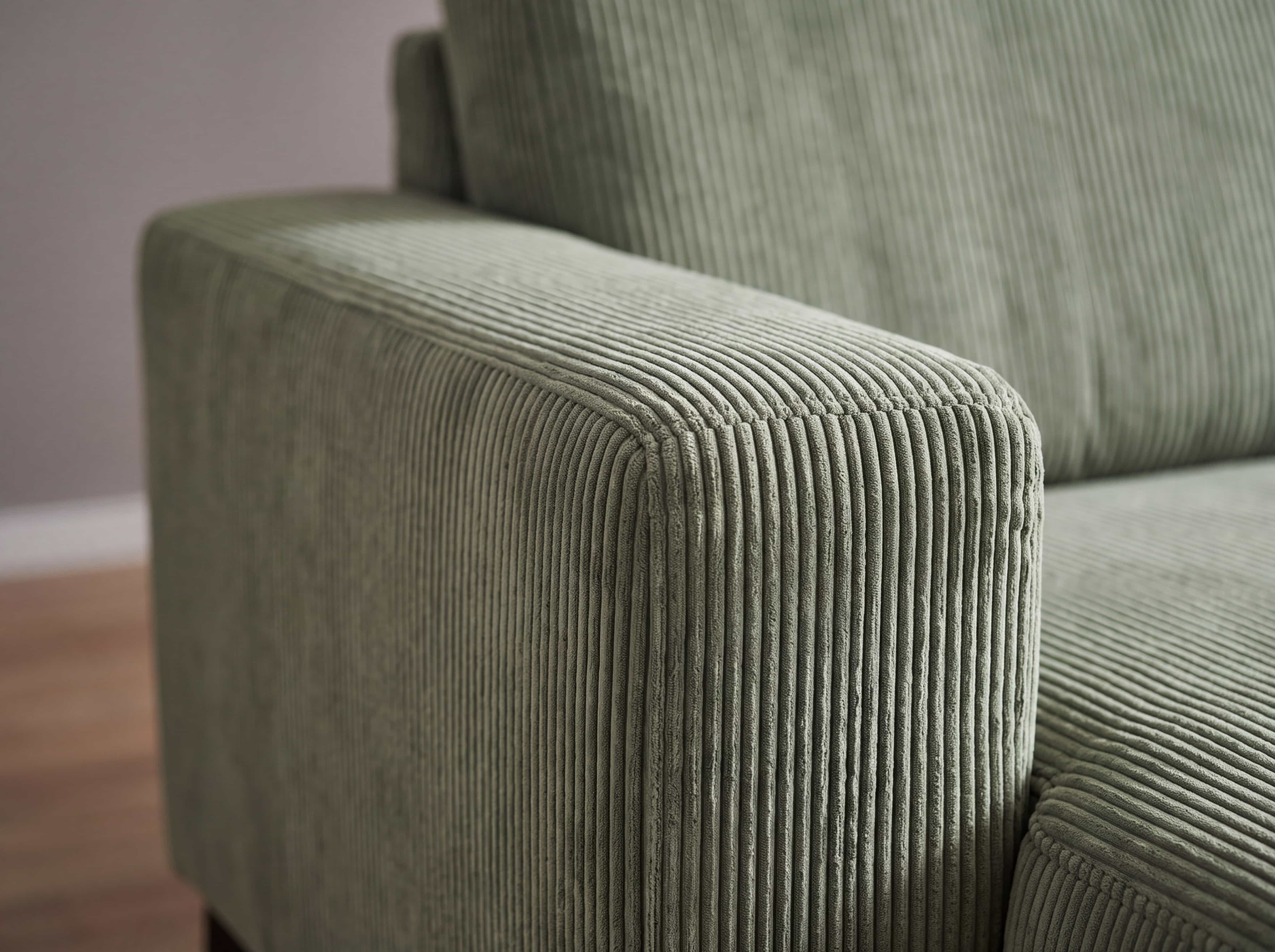 Ecksofa Kabs Polsterwelt mit breiter Armlehne, grüner Cordbezug, geradlinige Form