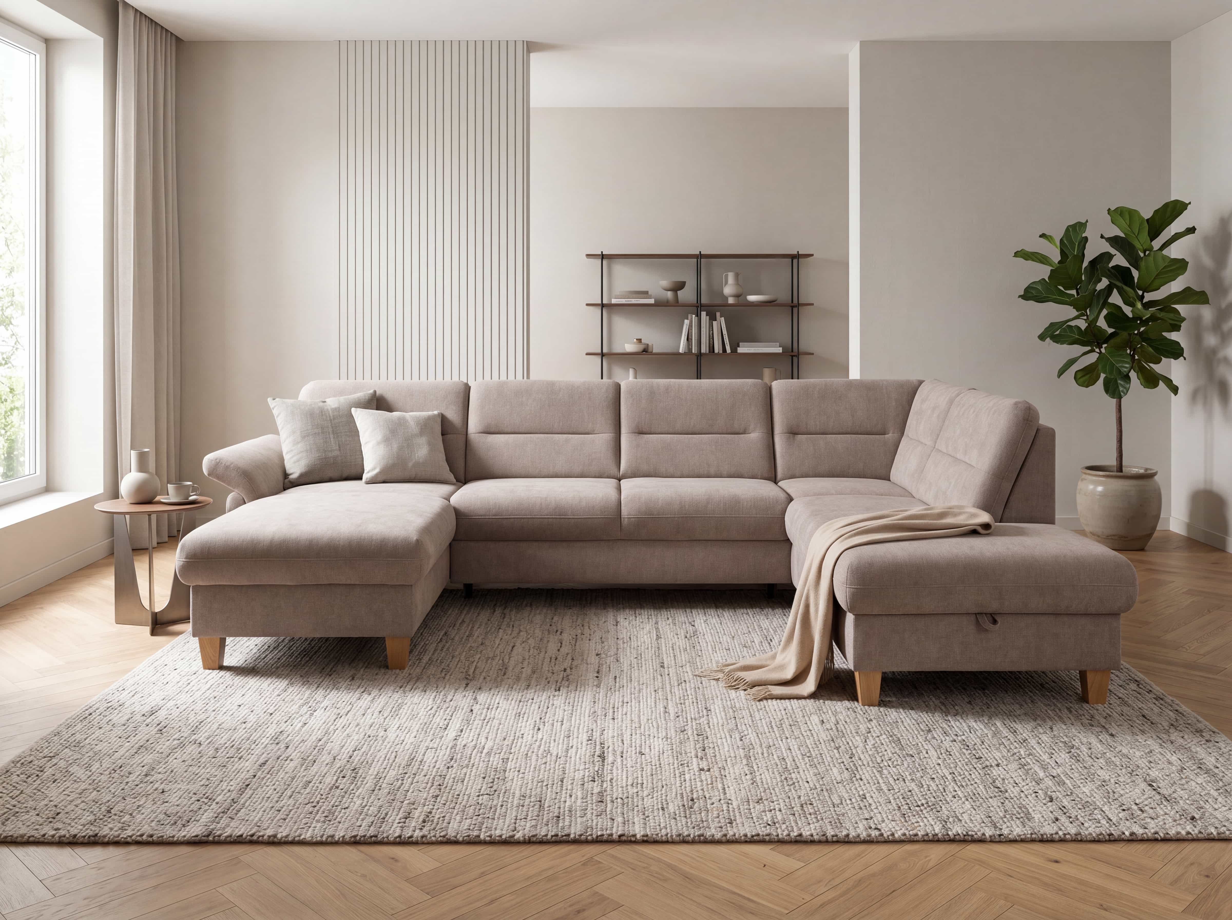 Ecksofa mit beigefarbenem Stoffbezug, gepolsterter Rückenlehne und Holzfüßen, linksseitige Ottomane