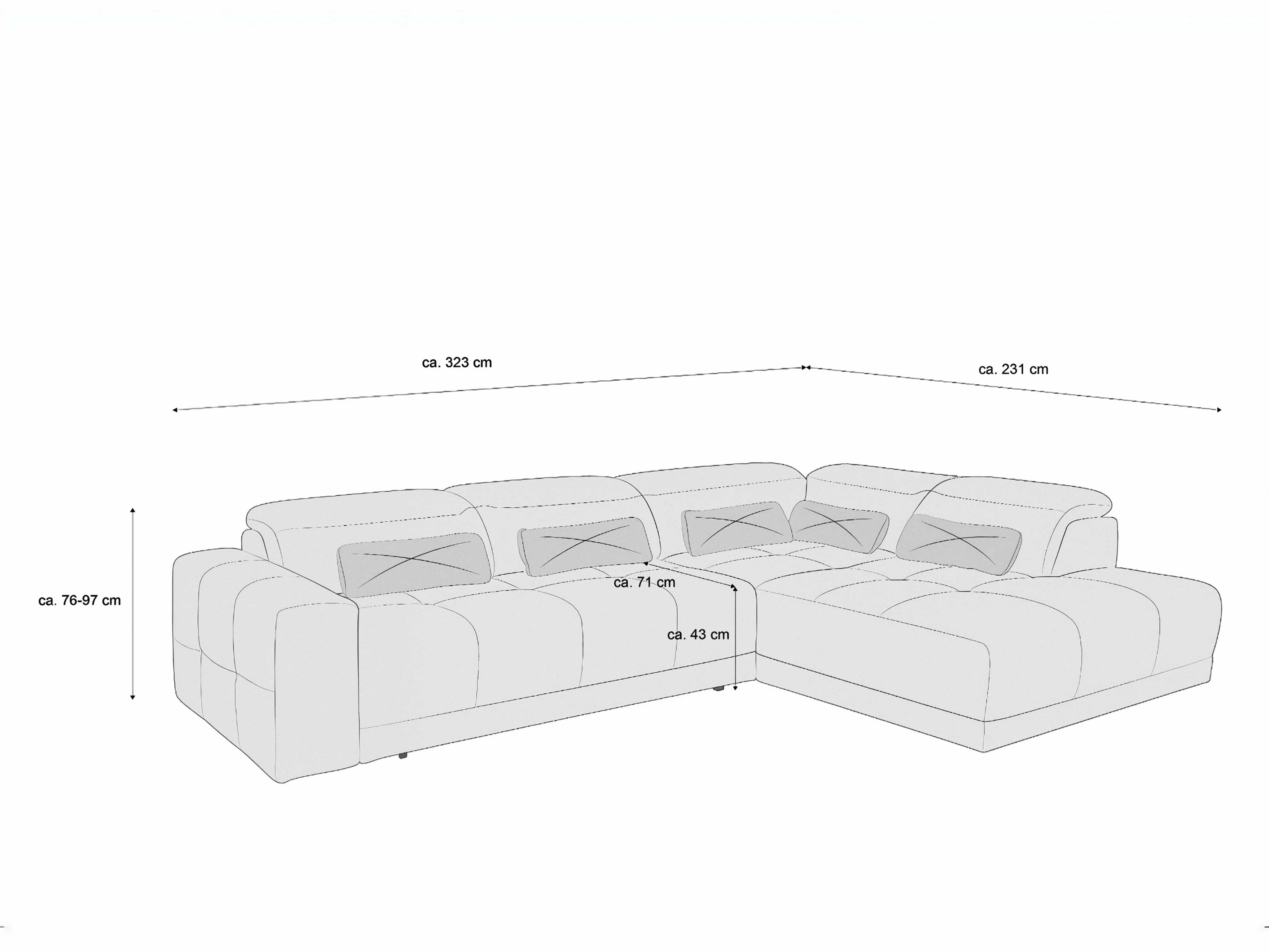 Ecksofa Kabs Polsterwelt mit gepolsterten Rückenlehnen, breiten Armlehnen, kubische Form, Maße angegeben