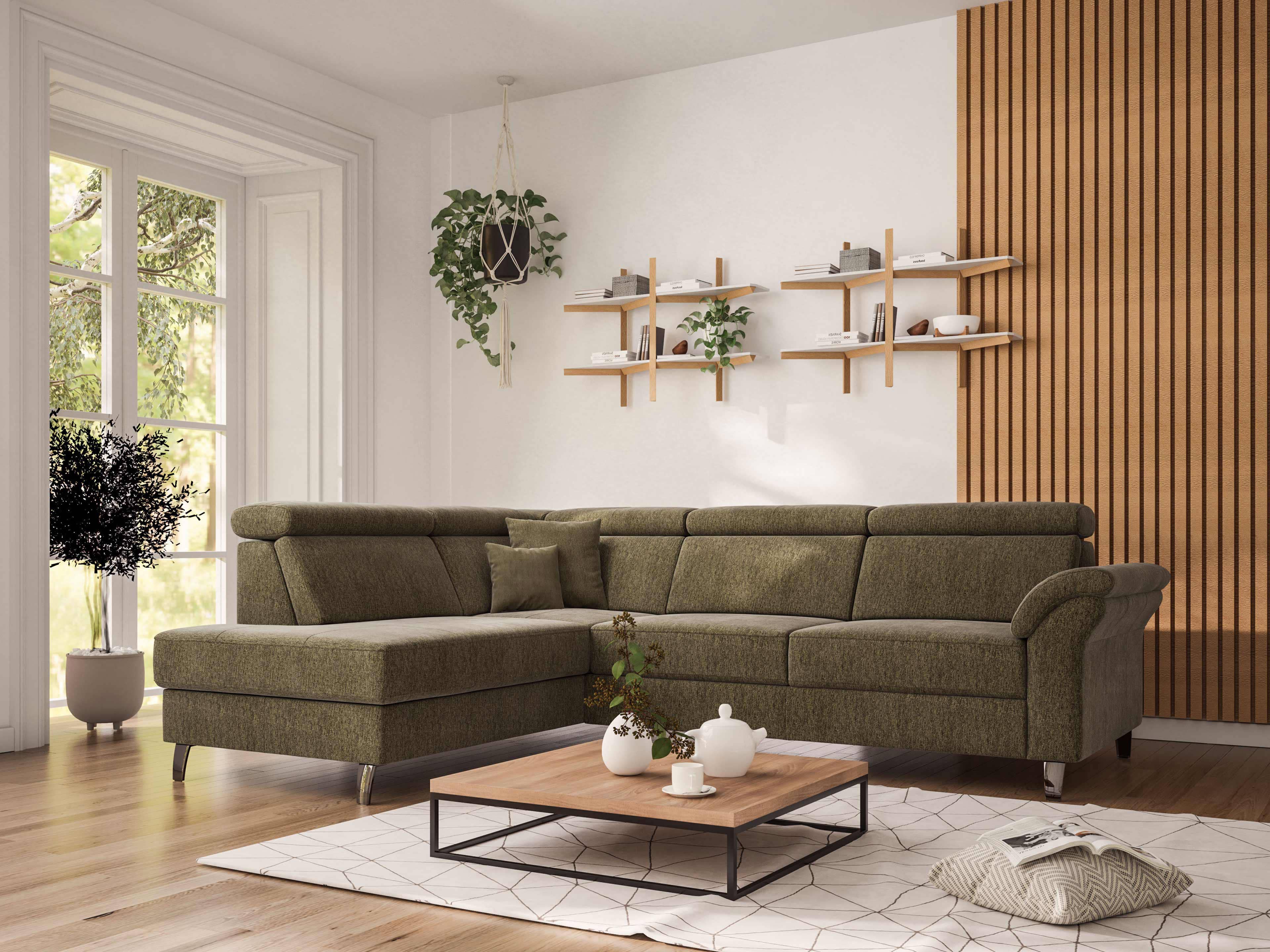 Ecksofa mit grünem Stoffbezug, Armlehnen, verstellbaren Kopfstützen und verchromten Füßen