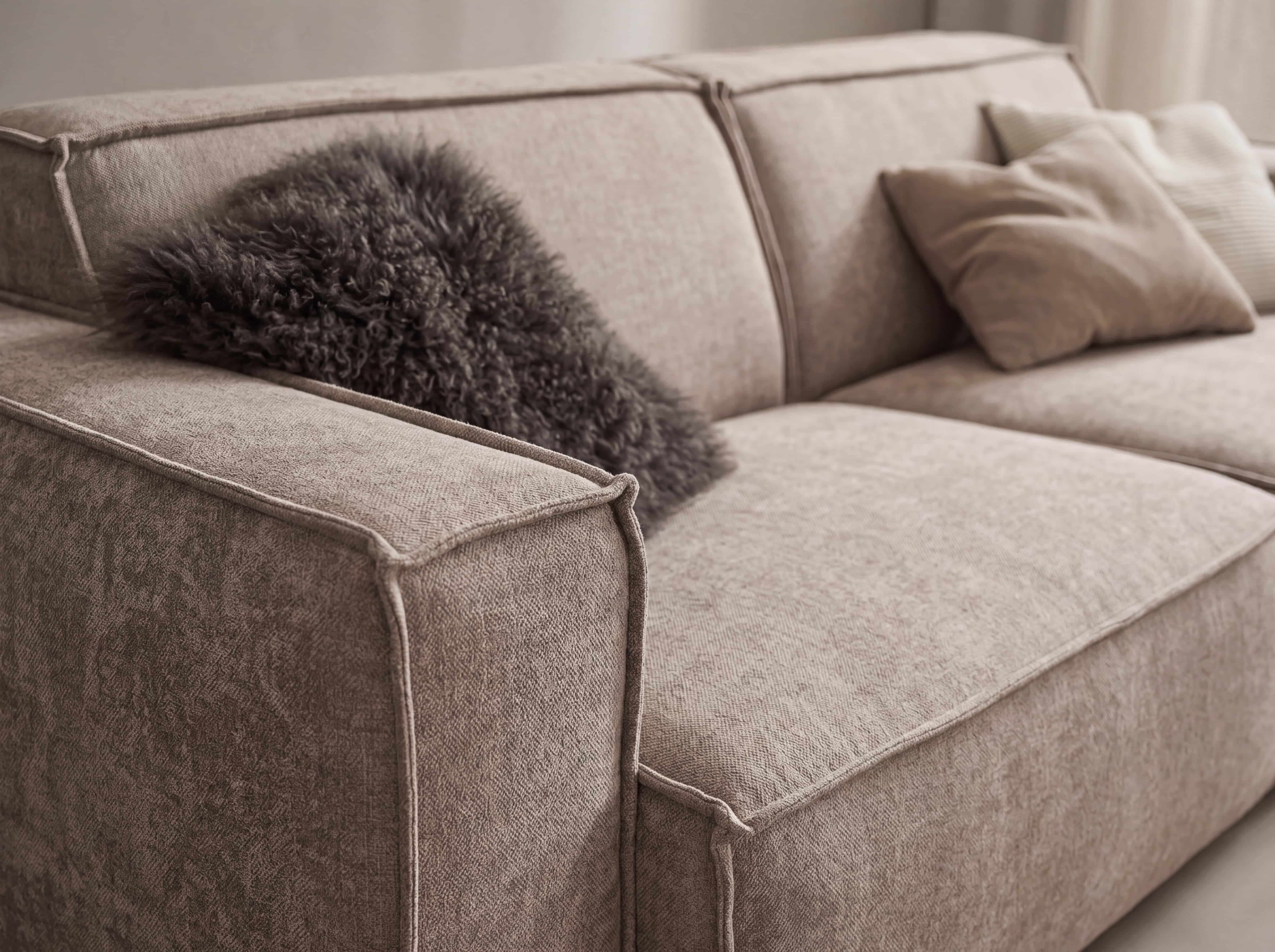 Ecksofa Kabs Polsterwelt mit beigem Stoffbezug, breiten Armlehnen und dekorativen Kissen