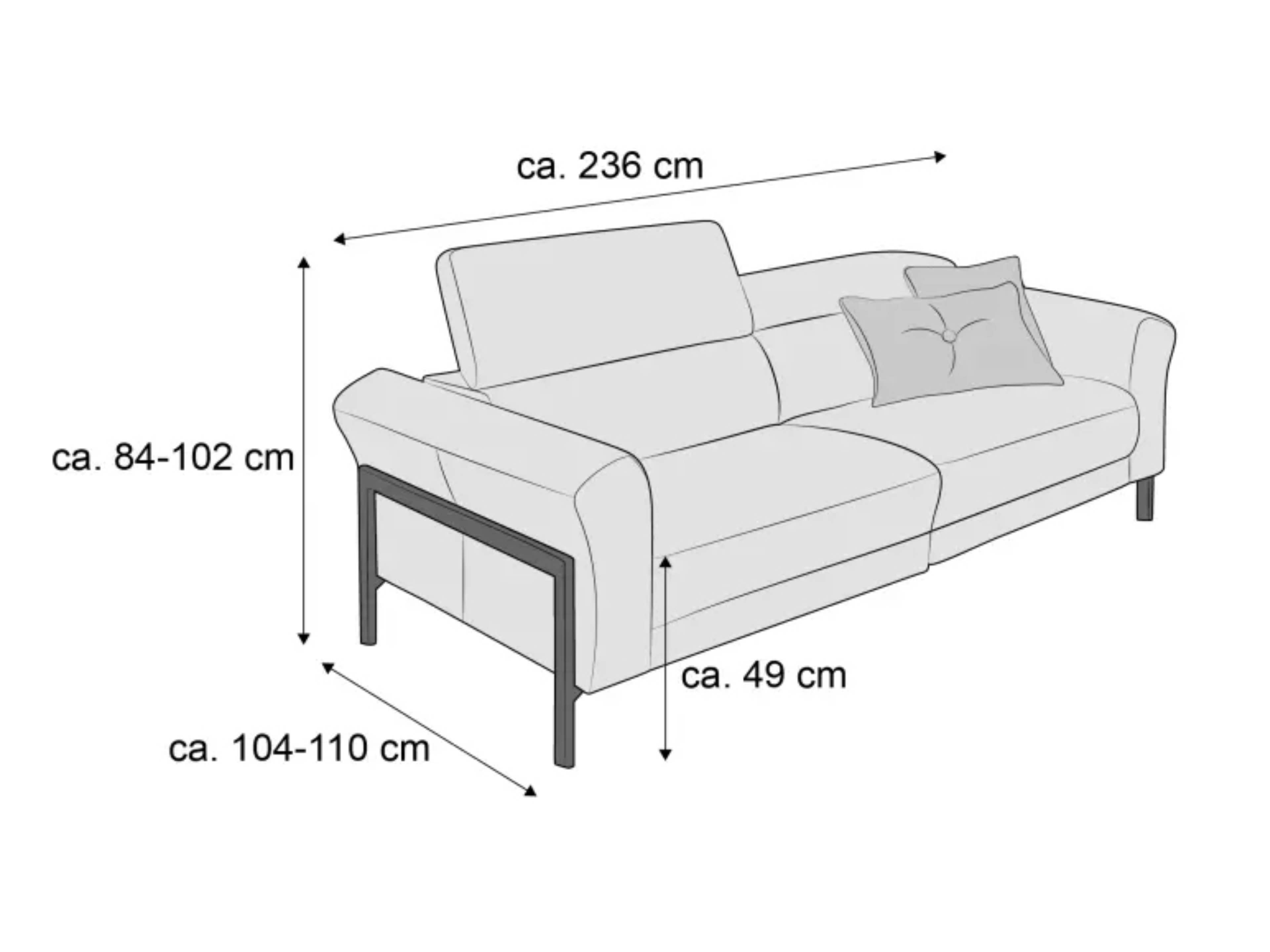 3-Sitzer Sofa mit Armlehnen, verstellbarer Rückenlehne, Kissen und sichtbaren Sofafüßen, skizziert