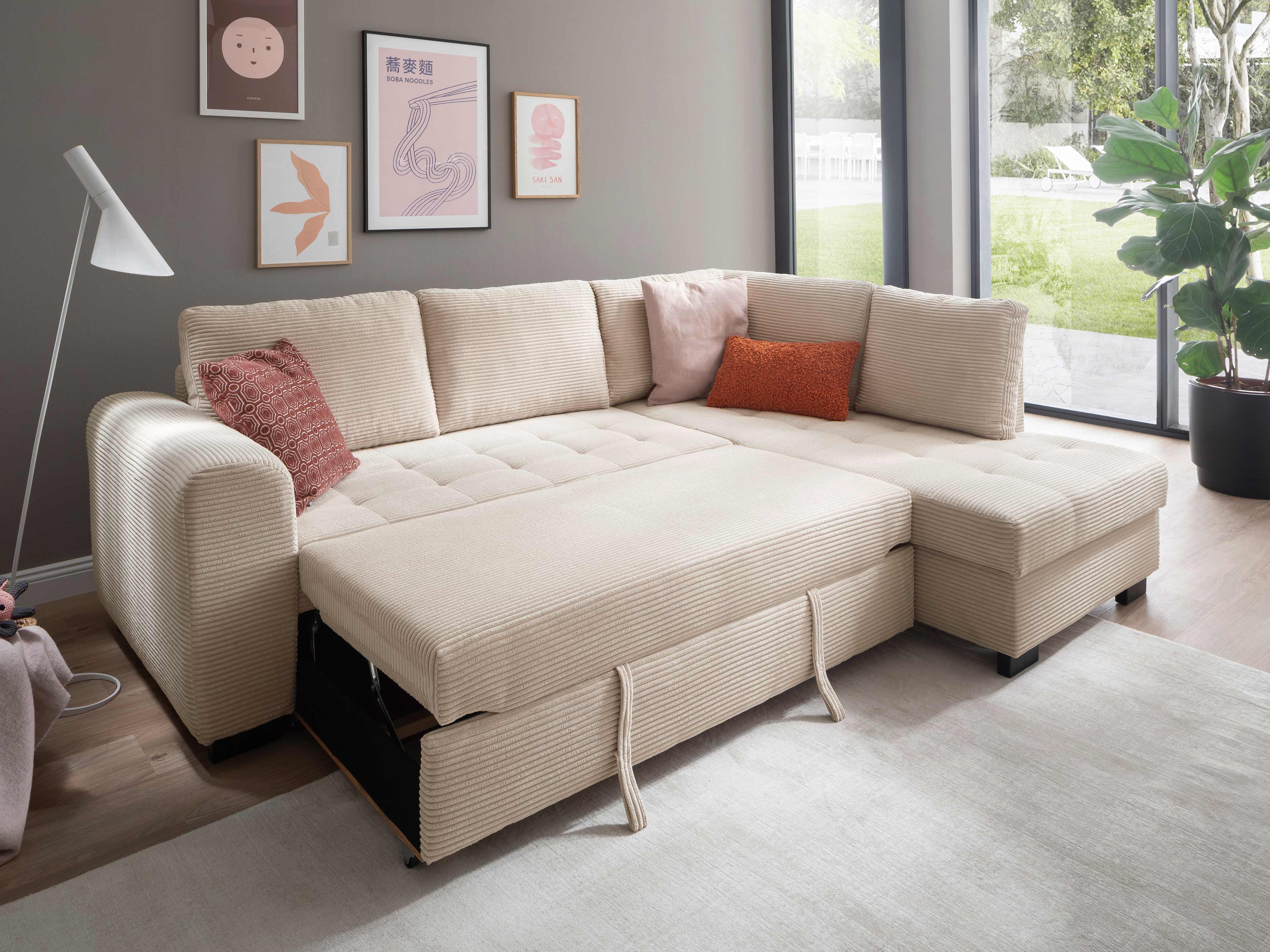 Ecksofa Kabs Polsterwelt aus beigefarbenem Cordstoff mit Armlehne und ausgezogenem Bettteil