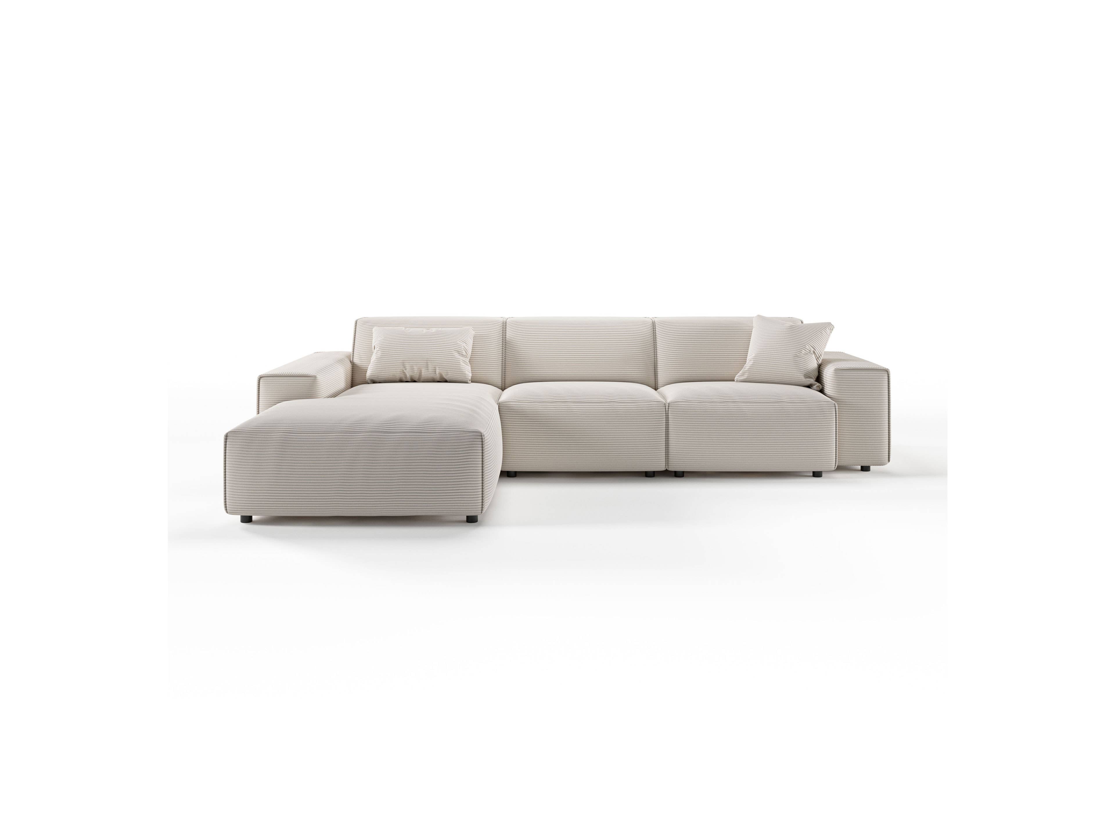 Ecksofa Hudson mit hellbeigem Cordstoff, breiten Armlehnen und zwei passenden Kissen, L-Form