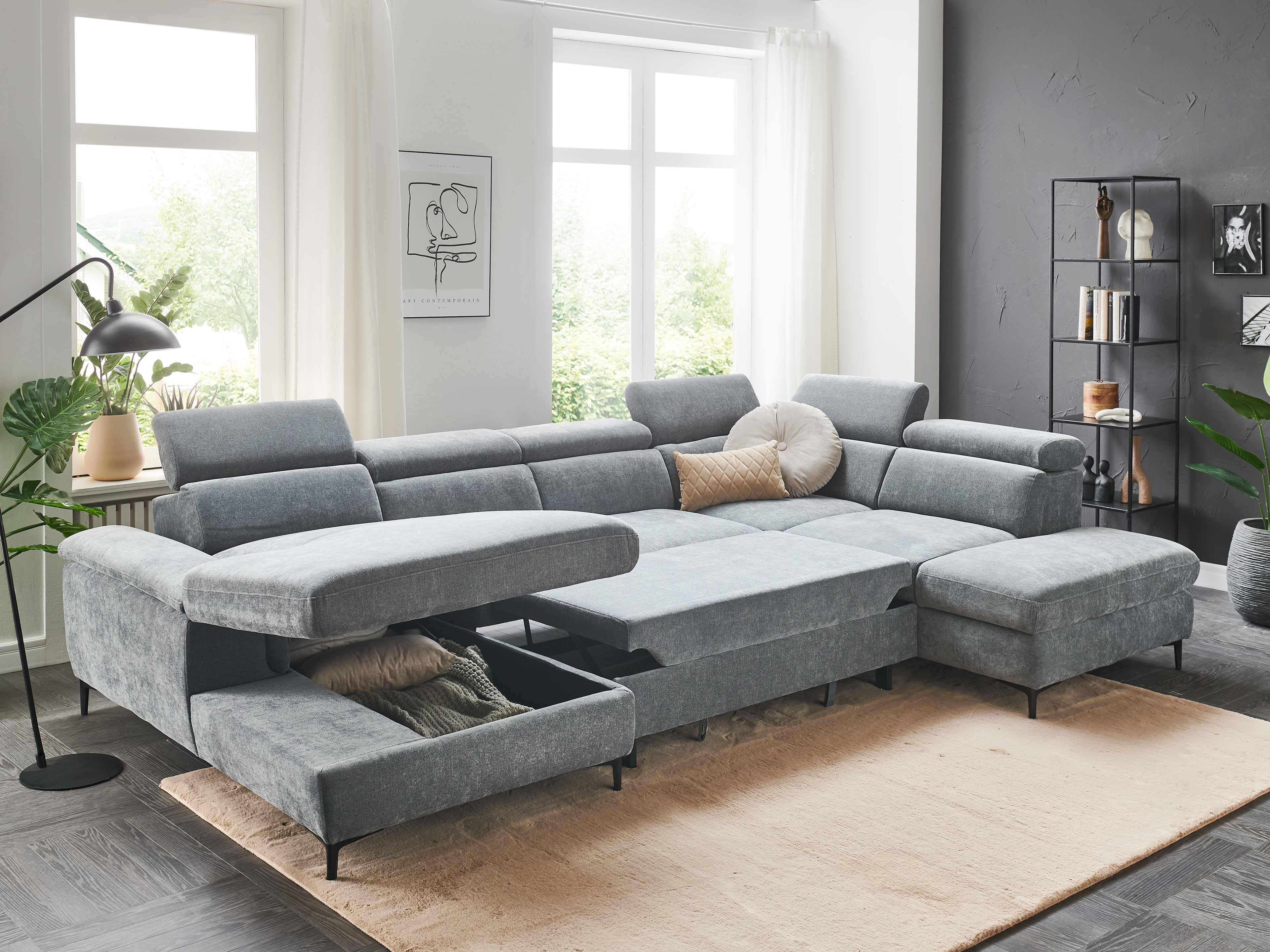 Ecksofa Livorno mit grauem Stoffbezug, verstellbaren Kopfstützen, Bettfunktion und Stauraum