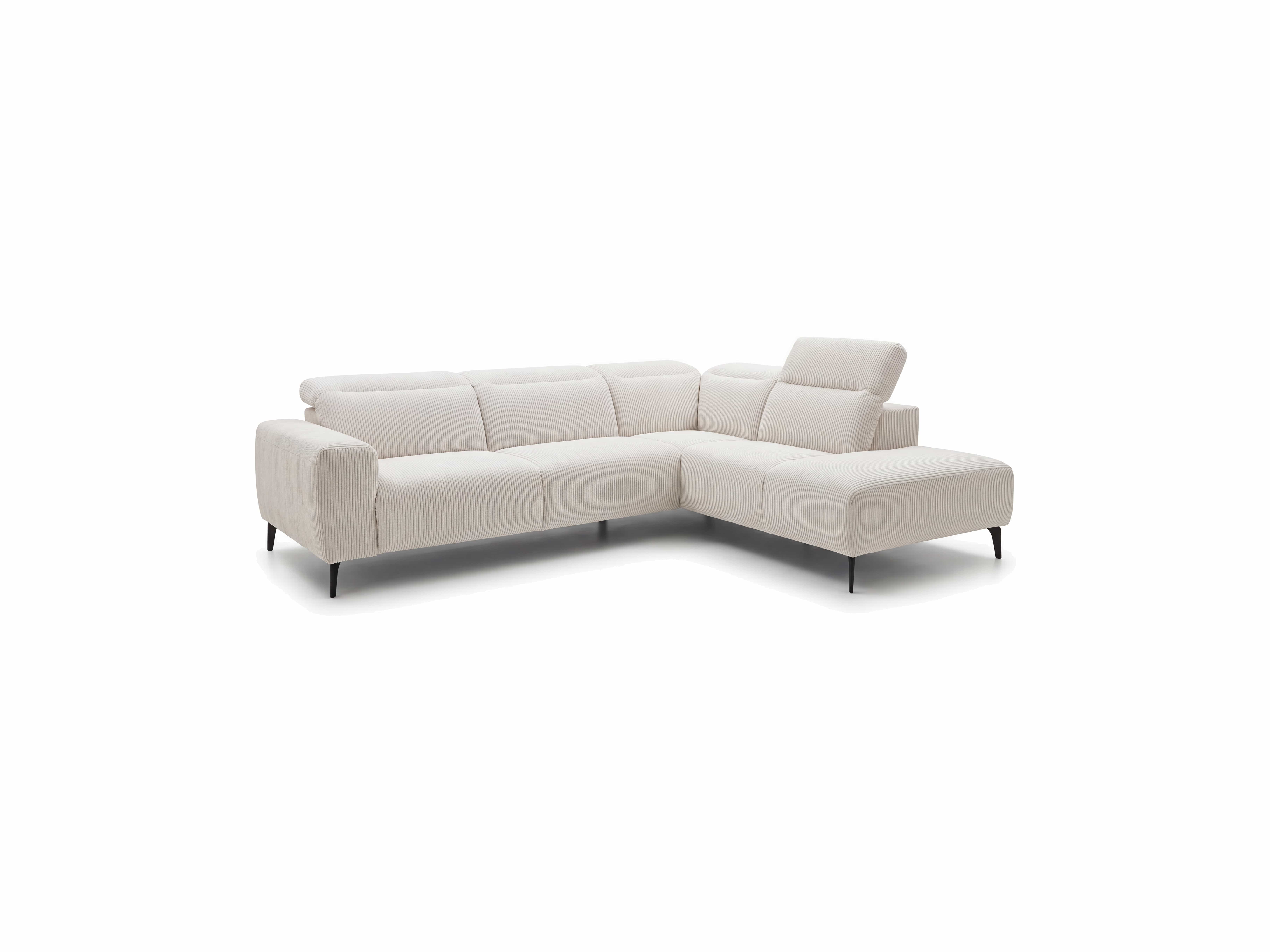 Ecksofa mit beigem Stoffbezug, L-Form, gepolsterte Armlehnen, verstellbare Kopfstütze, schwarze Füße